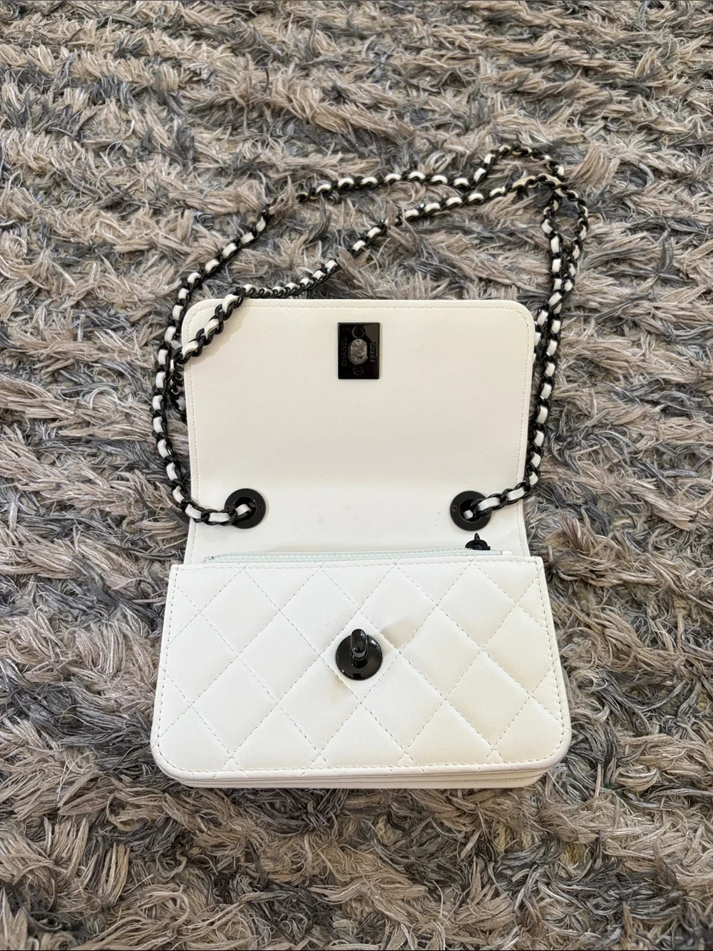 CHANEL 22B White Quilted Lambskin Clutch with Chain Ruthenium Top Bar WOC